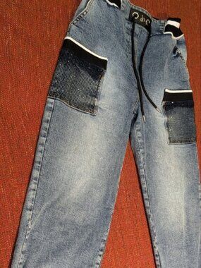 Y2K Coco Bianca Couture Bling Denim Track Pants Rhinestone Embellished Size 38